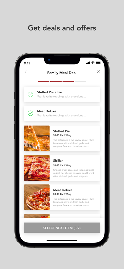 LaRosa’s Pizzeria - LaRosas Pizzeria app interface showing a Family Meal Deal selection with pizza options