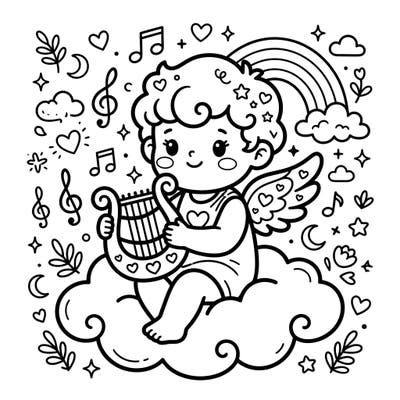 Discover the enchanting world of love and music with our Kawaii Cupid playing a lyre. This delightful coloring page combines adorable Japanese-inspired art with a timeless symbol of romance, ready for your creative touch.