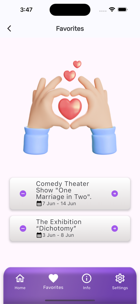 Favorites screen of the TEA app showing a list of saved cultural events in Albania