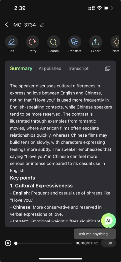 AI summary and key points of a transcription in the RecCloud VoiceCap app