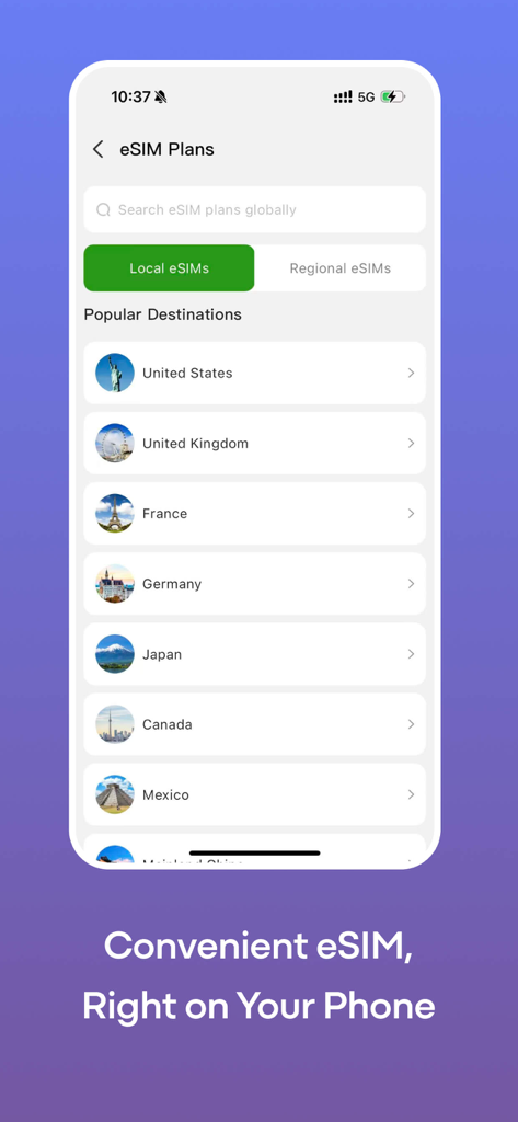 GlocalMe: Mobile Hotspot, eSIM - GlocalMe App-Bildschirm zeigt eine Liste beliebter lokaler eSIM-Tarife für internationale Reiseziele
