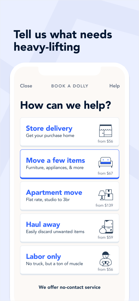 Dolly: Moving & Delivery Help - Dolly app booking screen showing moving and delivery options like store delivery and apartment moves with starting prices