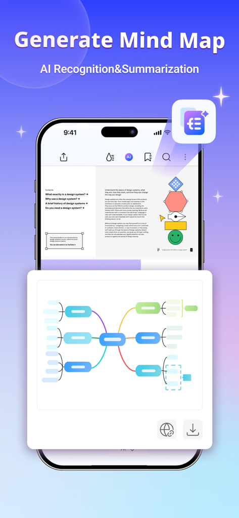 Interface do aplicativo PDFelement mostrando um mapa mental gerado por IA a partir de um documento.