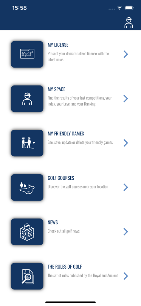 ffgolf - Main menu of the ffgolf mobile application showing sections for license, player space, golf courses, and rules.