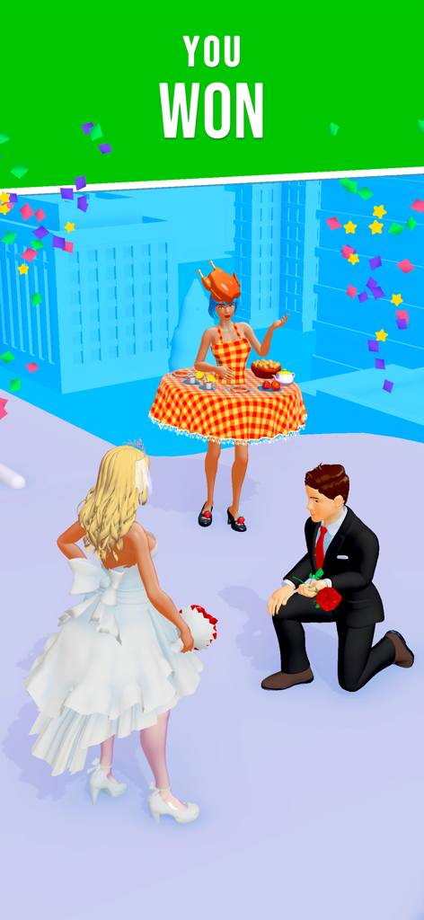 Fashion Queen: Dress Up Game - 무릎을 꿇고 청혼하는 남자와 함께 신부가 등장하는 패션 퀸 드레스업 게임의 승리 장면