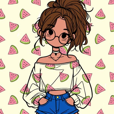girl with a messy ponytail glasses a baggy crop top and jean shorts