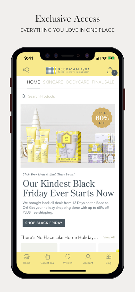 Beekman 1802 - Beekman 1802 app home screen featuring clean beauty products and holiday promotions