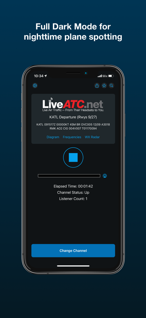LiveATC Air Radio app interface featuring full dark mode for nighttime plane spotting