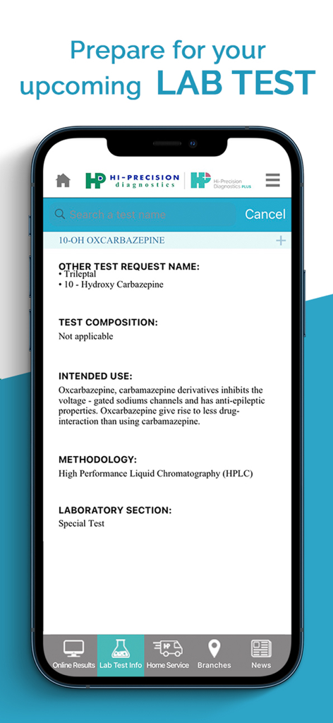 Hi-Precision - Hi-Precision app interface displaying laboratory test preparation and medical dictionary information