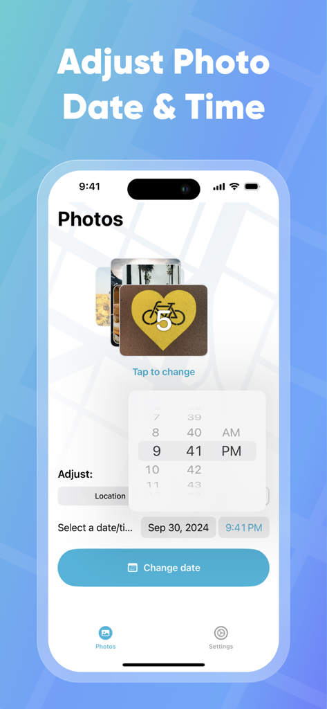 Interface for adjusting photo date and time in the PhotoMapper app