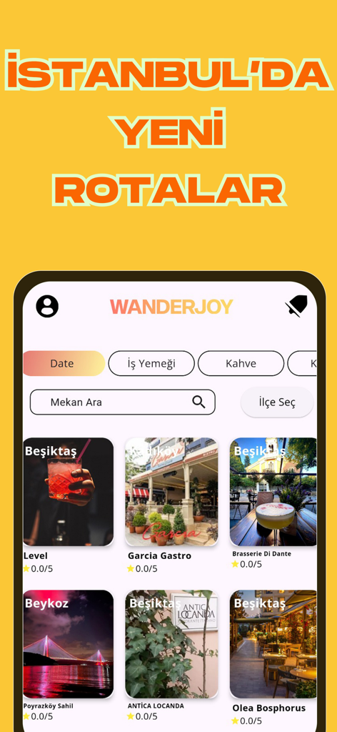 Wanderjoy - Pantalla de la aplicación móvil Wanderjoy que muestra rutas sugeridas y lugares populares en Estambul