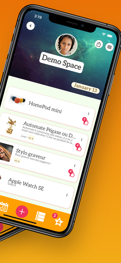 Una lista de deseos digital personalizada en la aplicación Oh My Wish que muestra ideas de regalos seleccionadas, incluyendo artículos de tecnología y estilo de vida