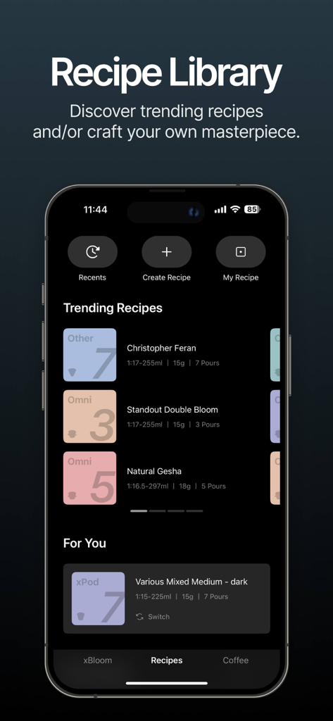 A mobile interface for the xBloom Coffee app showing a library of trending and personalized coffee brewing recipes.