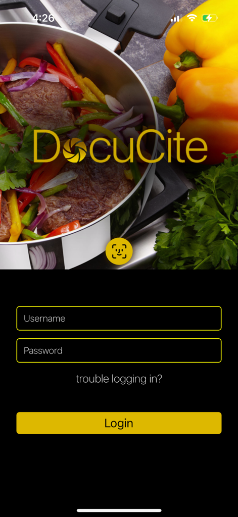 DocuCite - DocuCite mobile app login screen featuring fields for username and password with a yellow login button and a cookware background image.