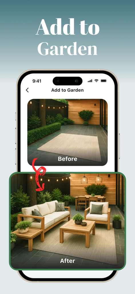 AI Garden Design: Makeover - Confronto prima e dopo che mostra un patio spoglio trasformato con mobili da esterno generati dall'IA e un tappeto.