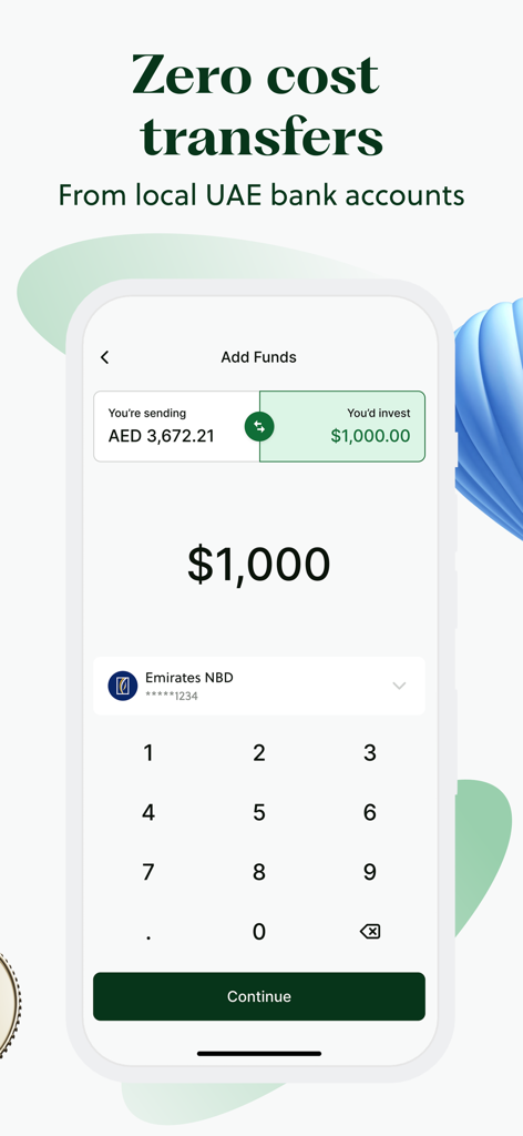 Sarwa: Invest, Trade & Save - Sarwa mobile app screen showing a zero cost money transfer from a local UAE bank account