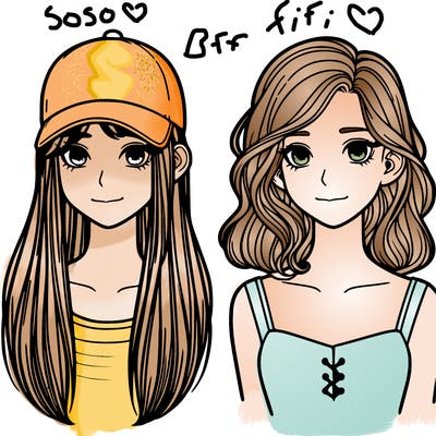 two girls one with cap long hair other girly medium hair realistic.