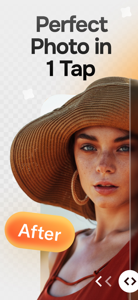 A high quality portrait of a woman in a straw hat after one tap AI enhancement
