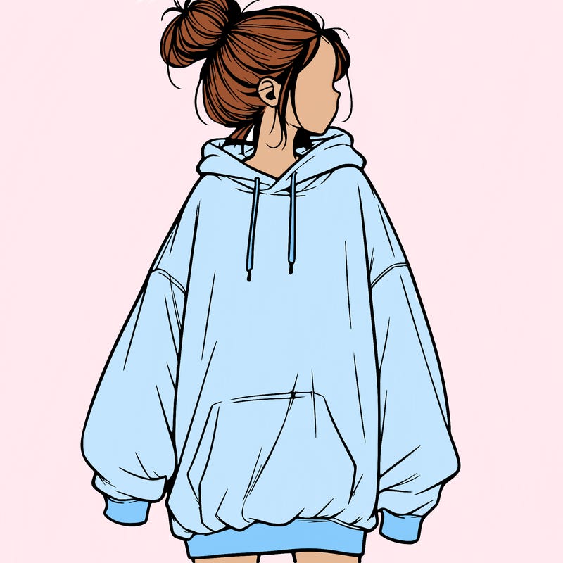 realistic girl with a oversized sweatshirt on and a bun