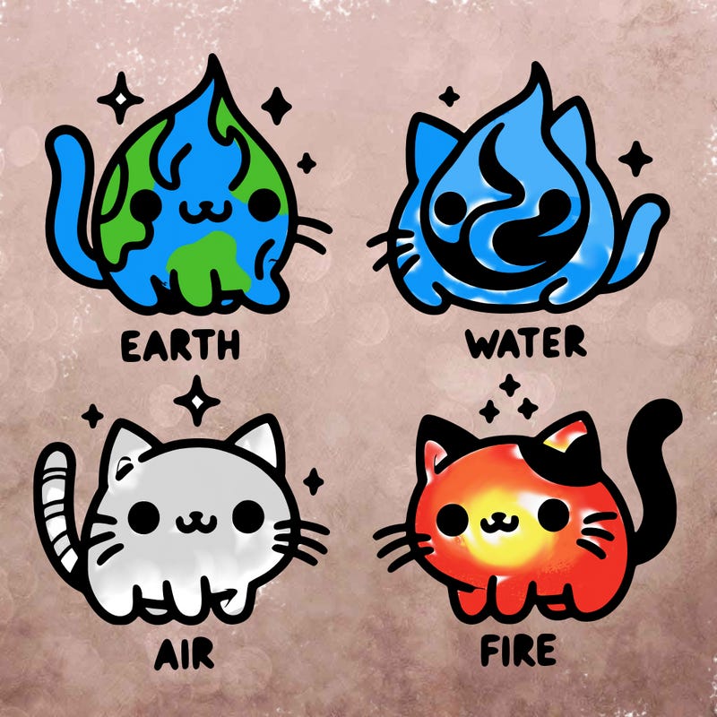 4 cats that represent the different elements, earth, water, air, and fire