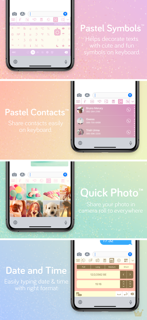 Pastel Keyboard Themes Color - Infographic showing Pastel Keyboard symbols, contacts sharing, quick photo, and date and time features.