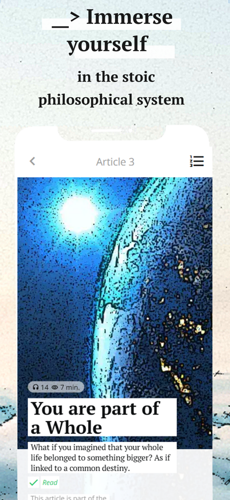 mmmarcus: a stoic mindset - Mobile app interface showing a stoic lesson titled You are part of a Whole with an illustration of Earth from space.