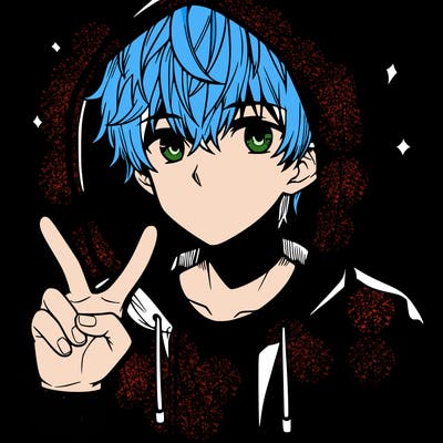 teenage manga boy in a hoodie, doing ✌