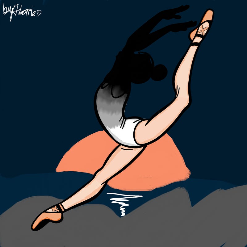 gymnast doing a leap in a leotard with a bent back leg