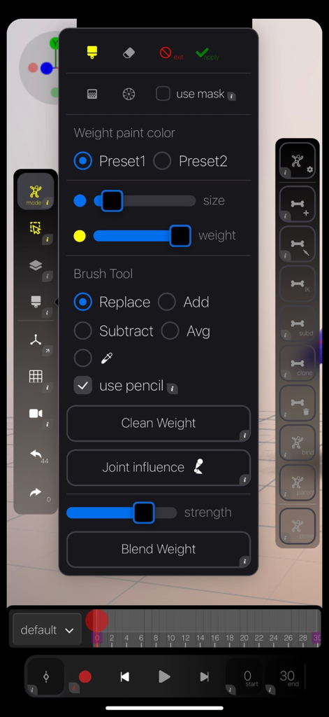 Interfaz de la aplicación de animación 3D Morphin mostrando pintura de pesos y ajustes de herramientas de pincel para el rigging de personajes.