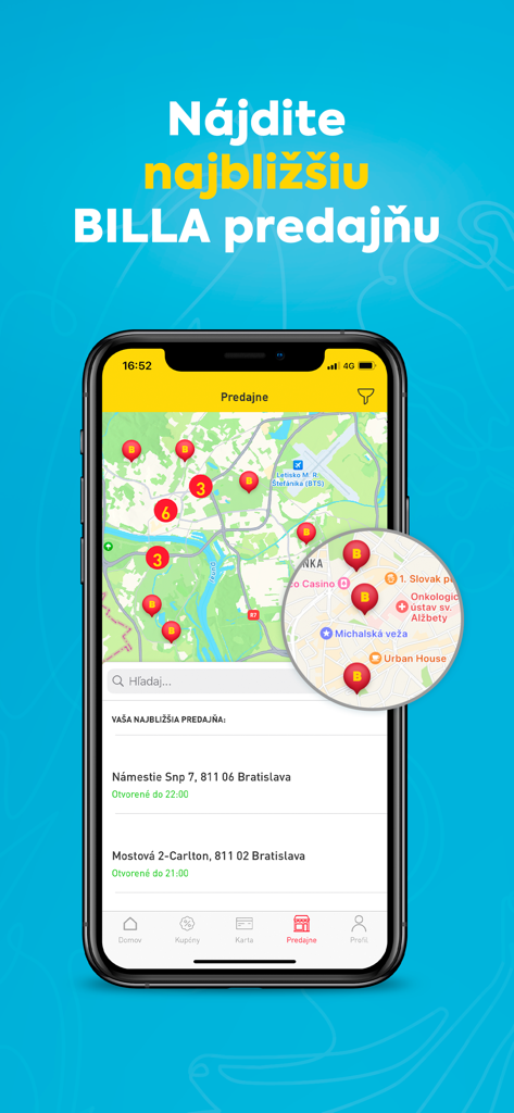 BILLA Bonus Slowakei App Store Locator Funktion zeigt Lebensmittelgeschäfte auf einer Karte an