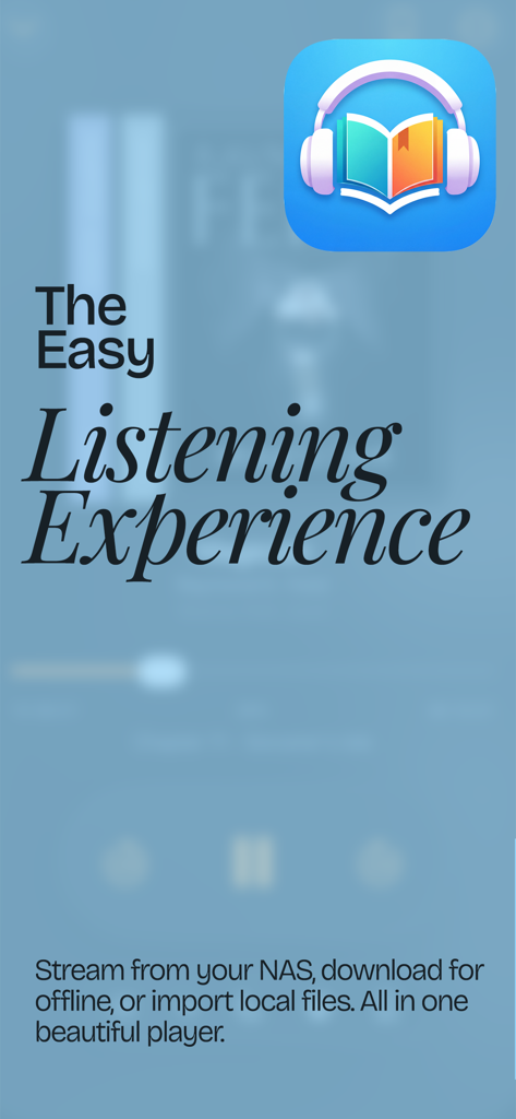 Audiory: Audiobook Player - Audioryオーディオブックプレーヤーの紹介画面。アプリのアイコンとNASストリーミングおよびオフラインリスニングに関するテキストが表示されています