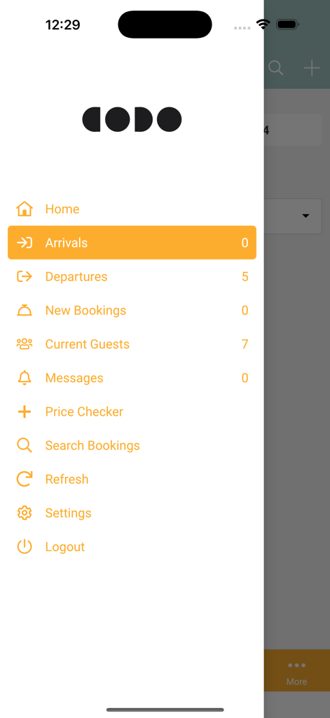 GODO Property - La barre latérale de navigation de l'application GODO Property affichant des liens pour les arrivées, les départs et les réservations