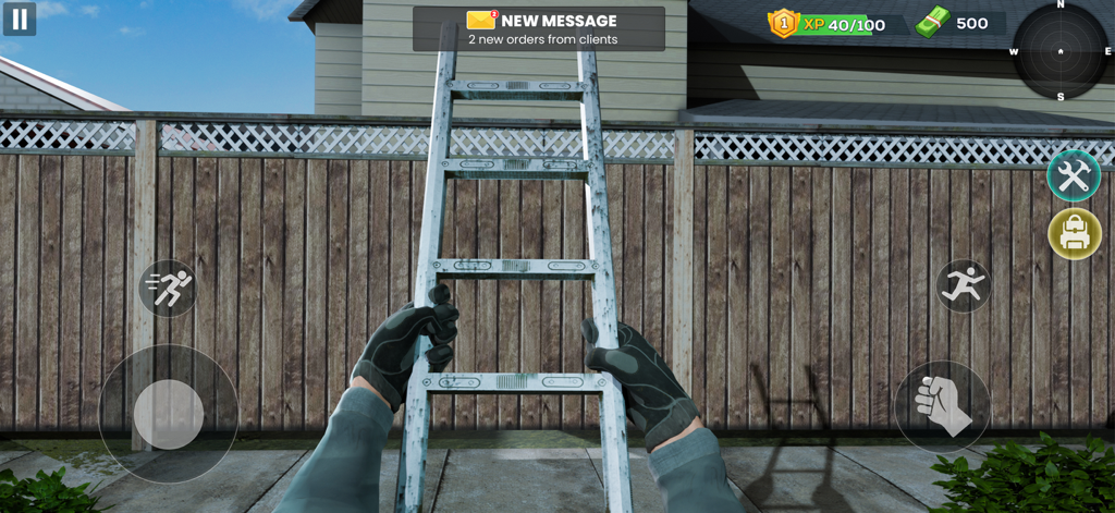 First person view of a player holding a ladder to climb a fence in Robbery Crime Simulator