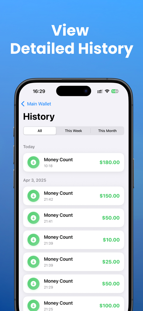 Money Counter Count Cash Coin - Vista dettagliata della cronologia delle transazioni di conteggio contanti con date e importi.