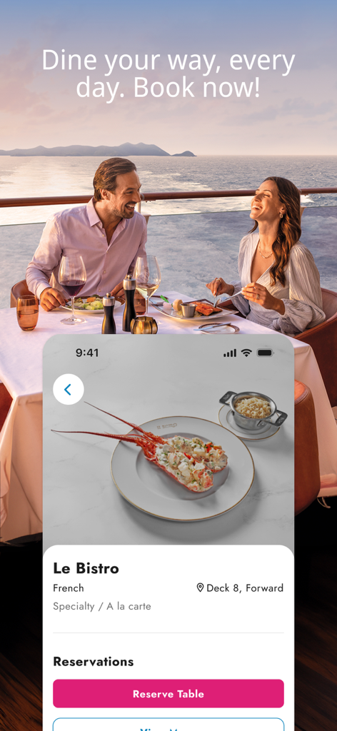 Norwegian Cruise Line - Pantalla de la aplicación Norwegian Cruise Line para reservar una mesa en el restaurante especializado Le Bistro.