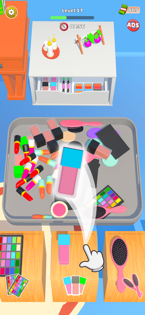 Stock the Fridge - Room Legend - Organizing lipsticks and beauty products in the Stock the Fridge game level