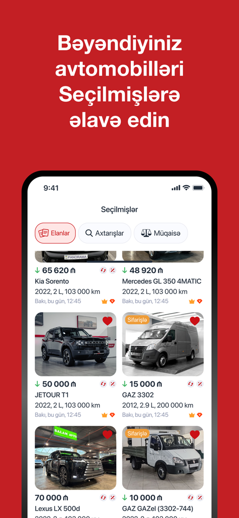 Turbo.az - A screenshot of the Turbo.az app showing a list of favorite car listings with prices and vehicle details