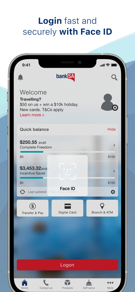 BankSA Mobile Banking - Interfaz de la aplicación de banca móvil BankSA que muestra la solicitud de inicio de sesión biométrico Face ID y la vista rápida del saldo de la cuenta.