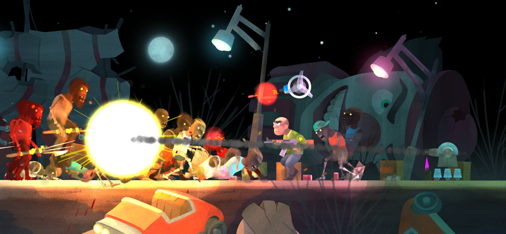 Don Zombie: Guns and Gore - Personaje de Don Zombie disparando a una horda de zombis con un brillante destello de boca en un entorno urbano oscuro