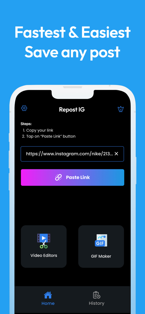 IGSaver! Video & Photo Saver - IGSaver app interface showing a link paste field for saving social media posts with video editing and GIF maker features