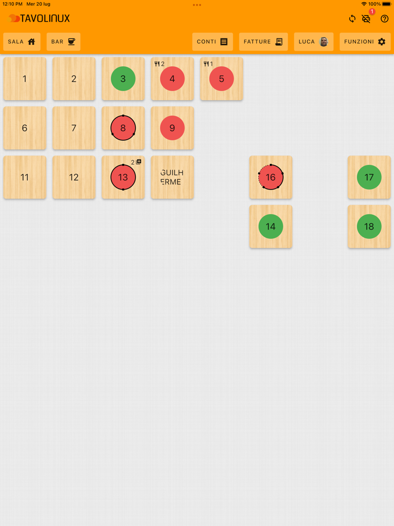 Interfaz TPV de restaurante Tavolinux 3 que muestra el estado de las mesas y la gestión del plano del local en un iPad.