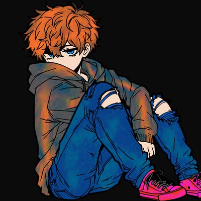 a male hoddie ripped jeans messy hair anime