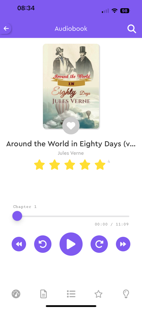Digitalbook: audiobooks ebooks - Audiobook player interface in the Digitalbook app showing Around the World in Eighty Days by Jules Verne