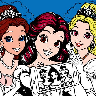 fairytale princesses who take a selfie together realistic