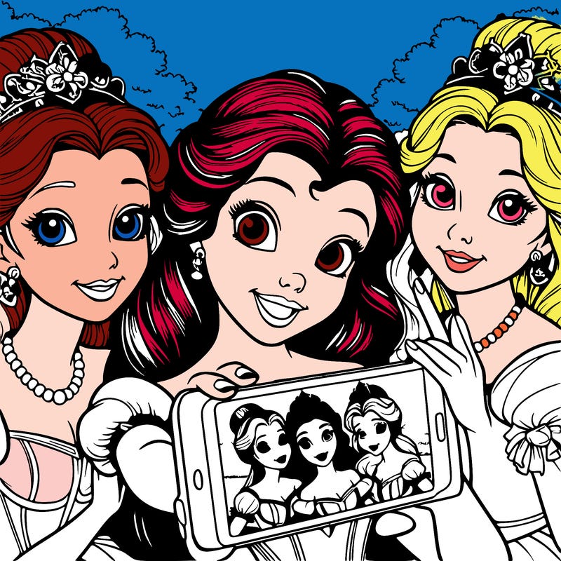 fairytale princesses who take a selfie together realistic