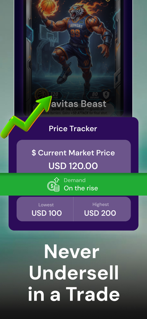 Interface do aplicativo Kardo exibindo preços de mercado ao vivo e tendências de valor para uma carta de negociação