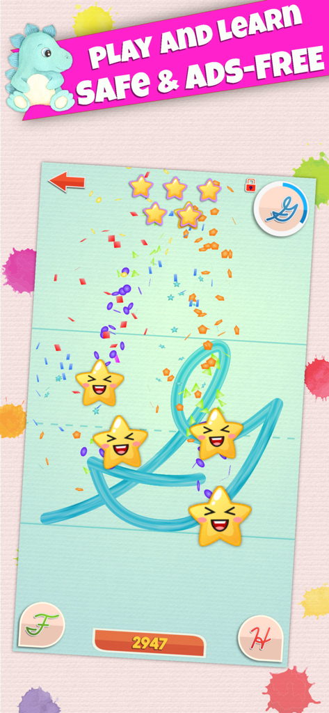 LetraKid: Cursive Writing Kids - A screenshot of the LetraKid app showing a child tracing the cursive letter G with animated star rewards