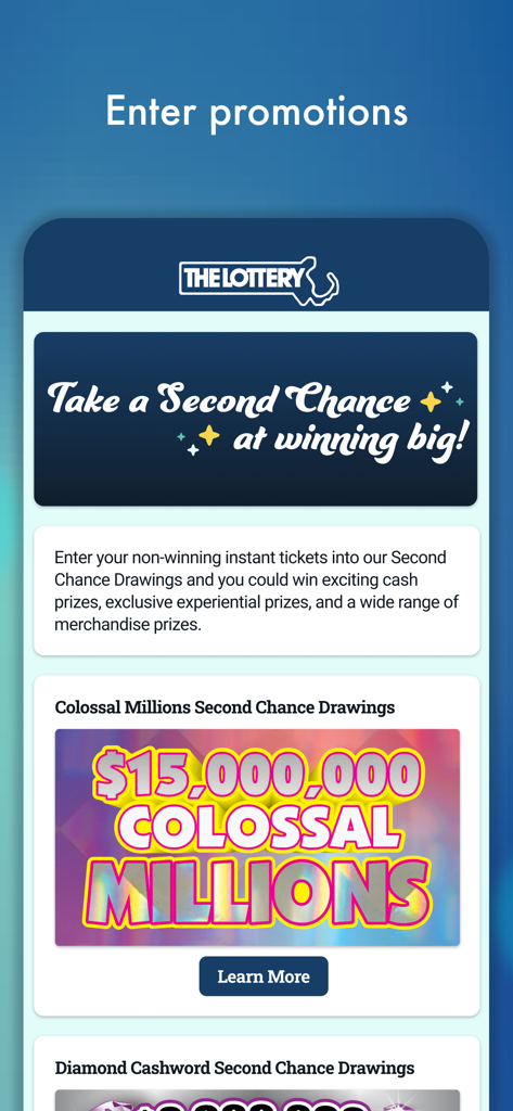 MA Lottery - MA Lottery app promotions page featuring Second Chance drawings for non-winning tickets.