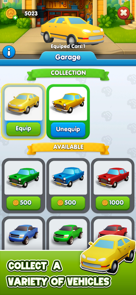 Traffic Untangle: Puzzle Roads - Menú de garaje del juego que muestra una colección de coches de juguete coloridos y vehículos desbloqueables en Traffic Untangle