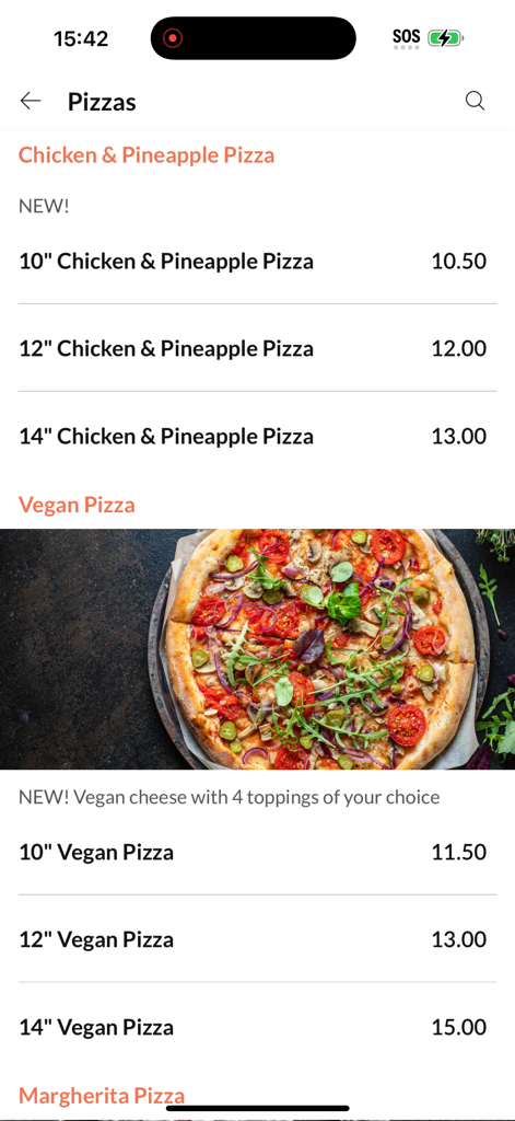 Star Hot Pizza - A menu screen from the Star Hot Pizza app showing chicken and pineapple pizza and vegan pizza options with prices.
